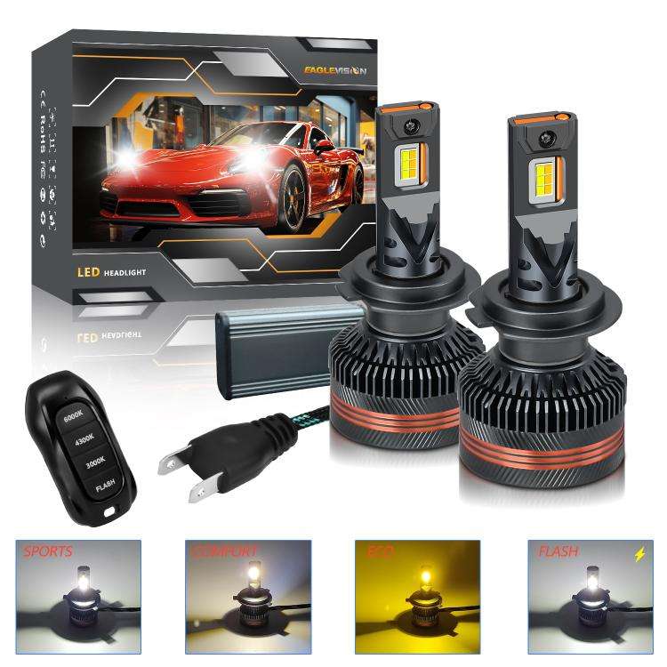 H7 2pcs/Pack 60W 8000LM 6000K Three Color Remote Control Car LED Headlight Bulb