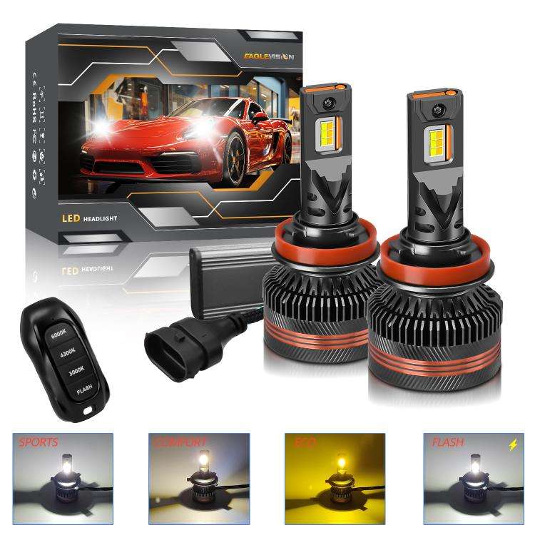 H11 2pcs/Pack 60W 8000LM 6000K Three Color Remote Control Car LED Headlight Bulb