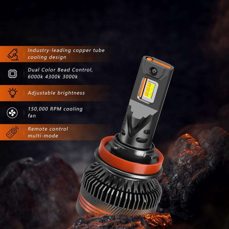 H11 2pcs/Pack 60W 8000LM 6000K Three Color Remote Control Car LED Headlight Bulb