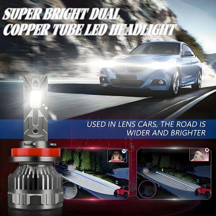 H11 2pcs/Pack 50W 6000LM 6000K Car Double Copper Tube LED Headlight Bulb(Gun Color)
