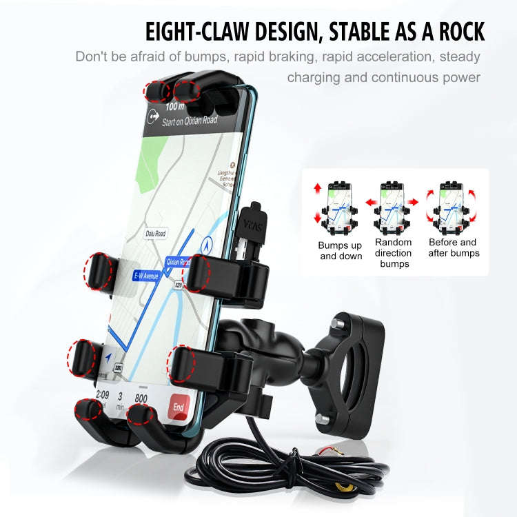 WUPP CS-1098A1 Motorcycle Aluminum Alloy Eight-jaw Mobile Phone Charging Holder with Switch(Black)