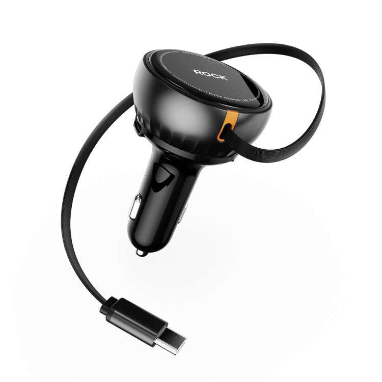 ROCK H30 45W USB-A Type-C Ports Car Charger with Retractable Type-C Cable(Black)