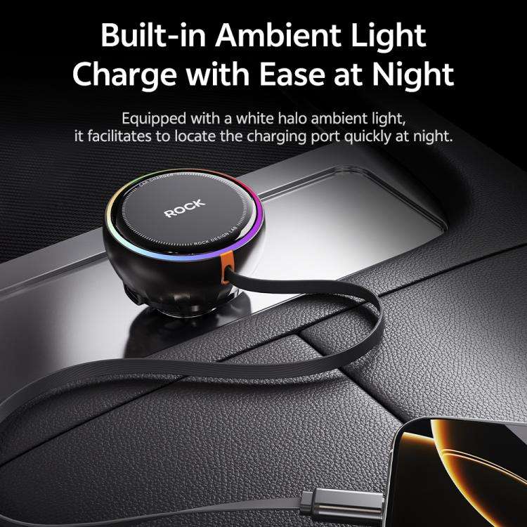 ROCK H30 45W USB-A Type-C Ports Car Charger with Retractable Type-C Cable(Black)