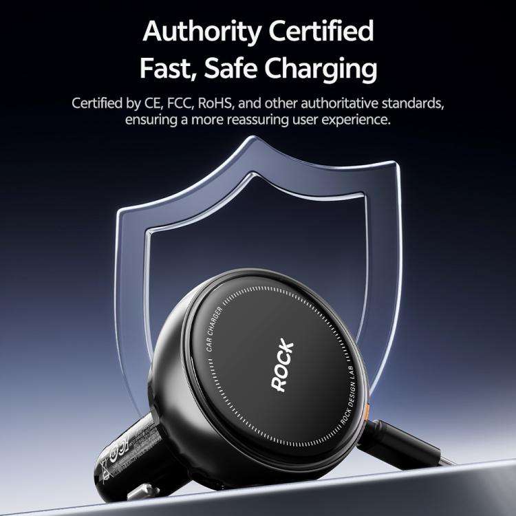 ROCK H30 45W USB-A Type-C Ports Car Charger with Retractable Type-C Cable(Black)
