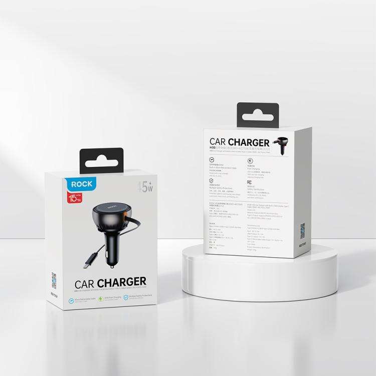 ROCK H30 45W USB-A Type-C Ports Car Charger with Retractable Type-C Cable(Black)