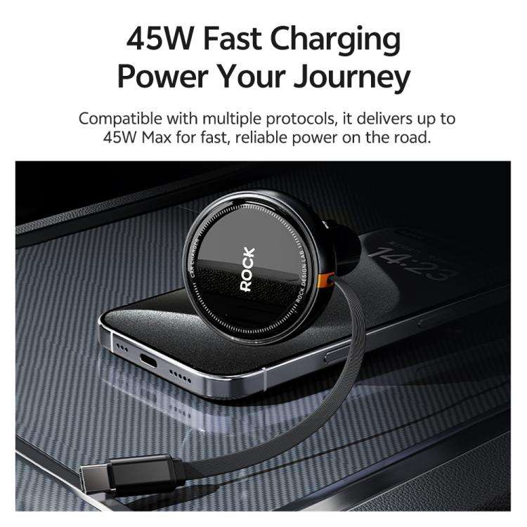 ROCK H30 45W USB-A Type-C Ports Car Charger with Retractable Type-C Cable(Black)
