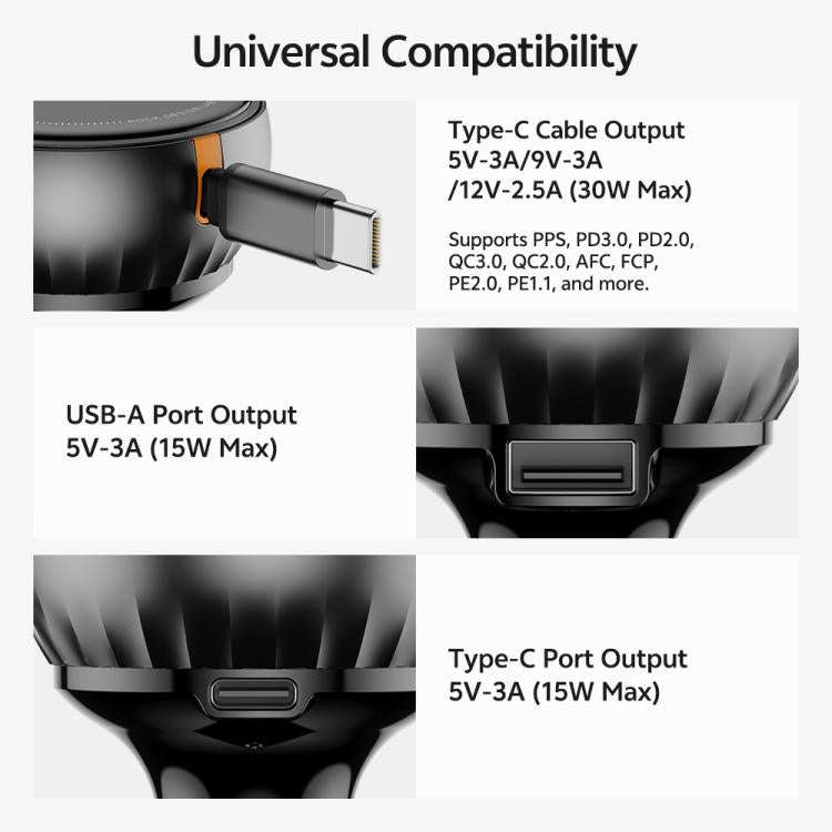 ROCK H30 45W USB-A Type-C Ports Car Charger with Retractable Type-C Cable(Black)
