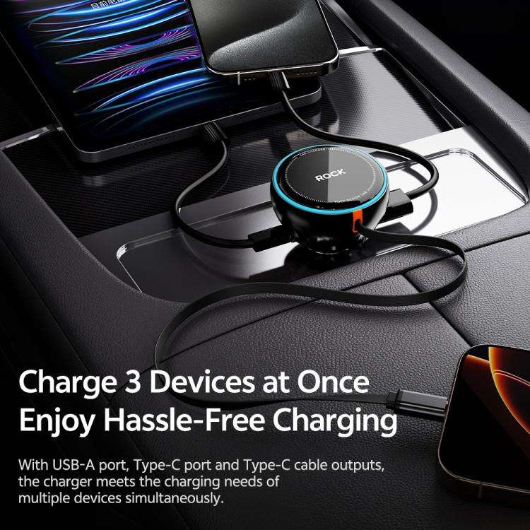 ROCK H30 45W USB-A Type-C Ports Car Charger with Retractable Type-C Cable(Black)