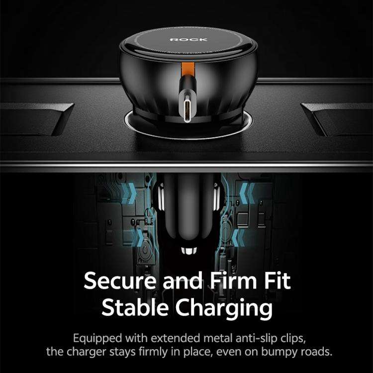 ROCK H30 45W USB-A Type-C Ports Car Charger with Retractable Type-C Cable(Black)
