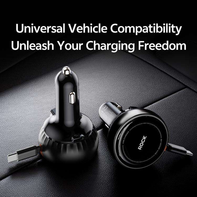ROCK H30 45W USB-A Type-C Ports Car Charger with Retractable Type-C Cable(Black)