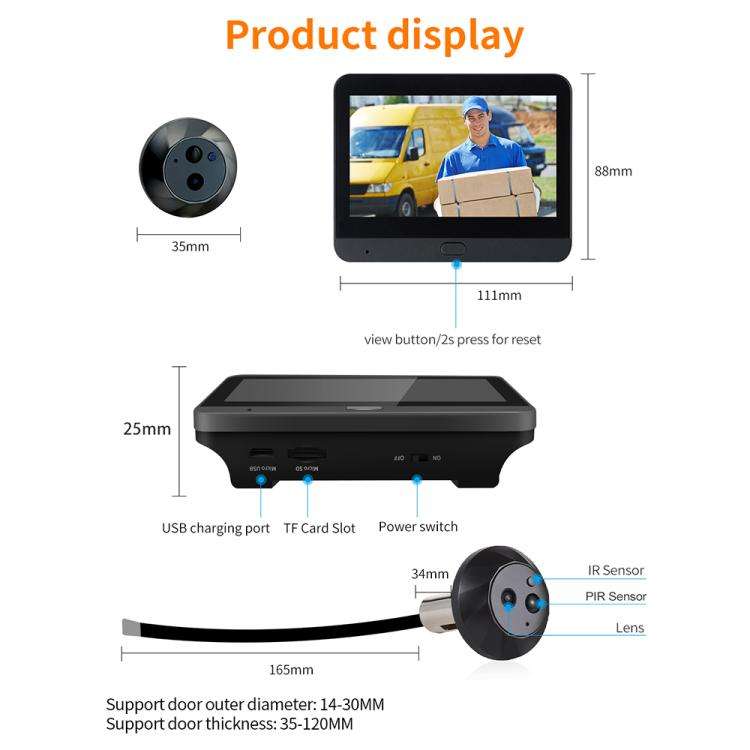 ESCAM C88 4.3 inch 1080P PIR Digital Door Viewer WiFi Video Doorbell Support Night Vision, Two-wa...