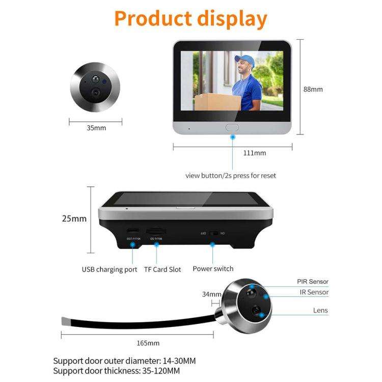 ESCAM C88 4.3 inch 1080P PIR Digital Door Viewer WiFi Video Doorbell Support Night Vision, Two-wa...