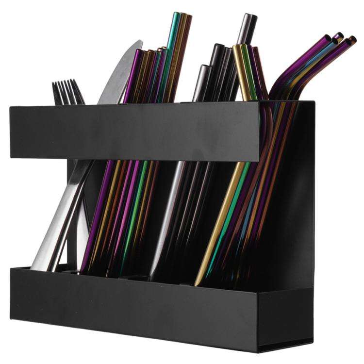 Four-grid Straw Cutlery Metal Storage Rack Kitchen Organizer with 12pcs Soft Magnetic Sheet(Black)