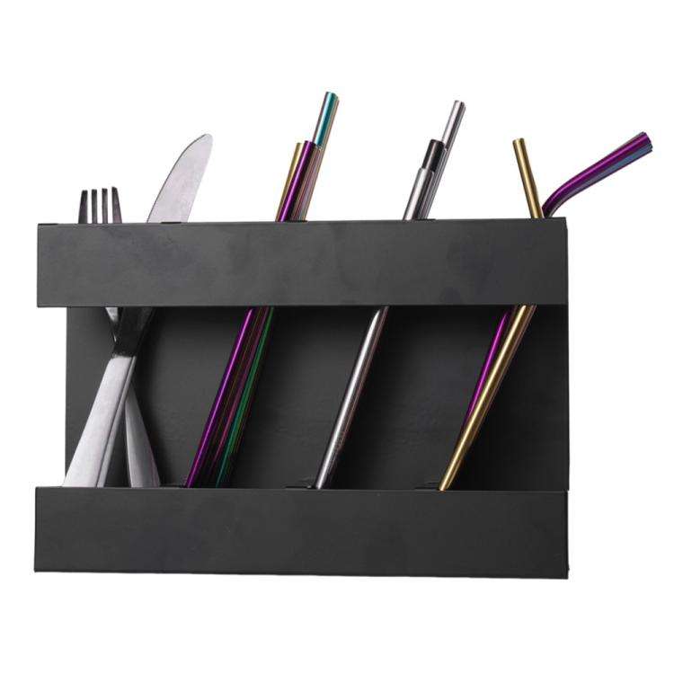 Four-grid Straw Cutlery Metal Storage Rack Kitchen Organizer with 12pcs Soft Magnetic Sheet(Black)