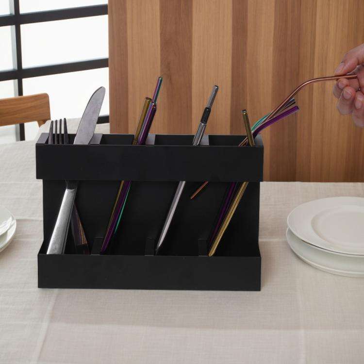 Four-grid Straw Cutlery Metal Storage Rack Kitchen Organizer with 12pcs Soft Magnetic Sheet(Black)