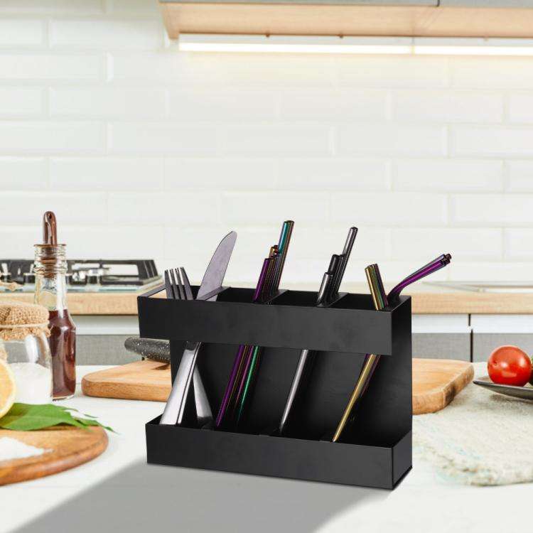 Four-grid Straw Cutlery Metal Storage Rack Kitchen Organizer with 12pcs Soft Magnetic Sheet(Black)