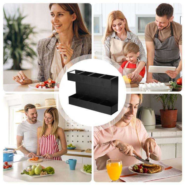 Four-grid Straw Cutlery Metal Storage Rack Kitchen Organizer with 12pcs Soft Magnetic Sheet(Black)