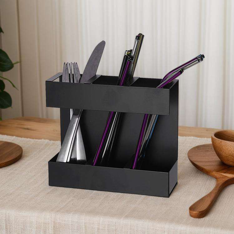 Three-grid Straw Cutlery Metal Storage Rack Kitchen Organizer with 9pcs Soft Magnetic Sheet(Black)