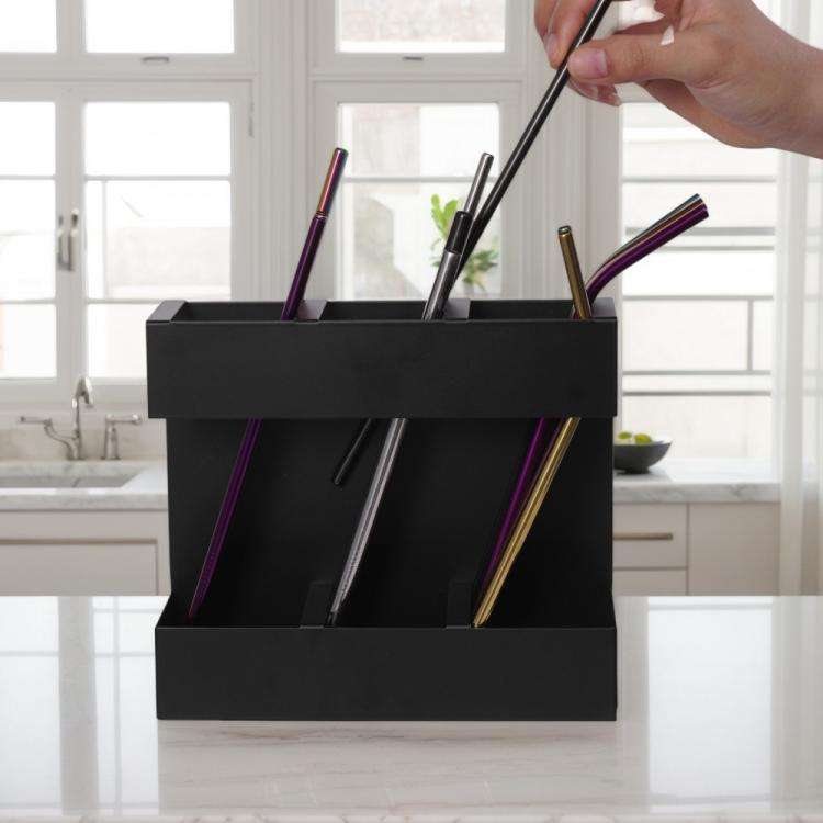 Three-grid Straw Cutlery Metal Storage Rack Kitchen Organizer with 9pcs Soft Magnetic Sheet(Black)