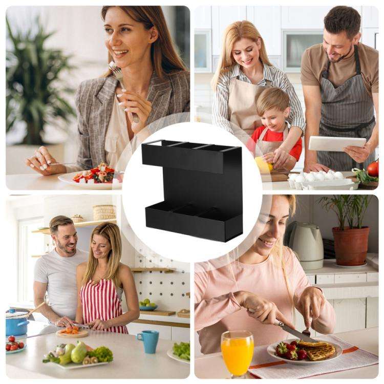 Three-grid Straw Cutlery Metal Storage Rack Kitchen Organizer with 9pcs Soft Magnetic Sheet(Black)