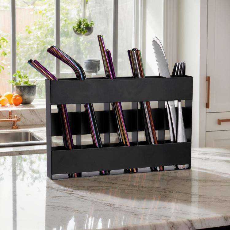 Five-grid Straw Cutlery Metal Storage Rack Kitchen Organizer without Soft Magnetic Sheet(Black)