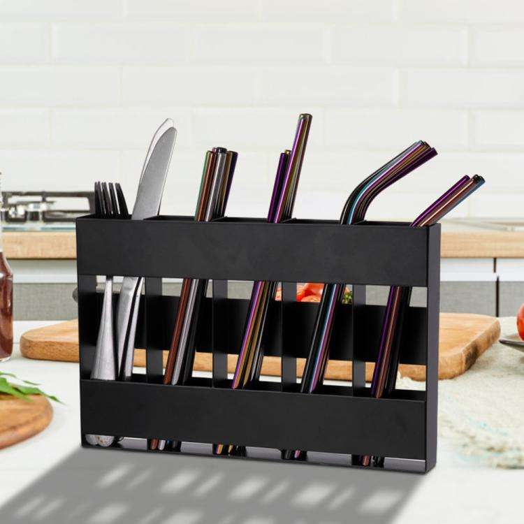 Five-grid Straw Cutlery Metal Storage Rack Kitchen Organizer without Soft Magnetic Sheet(Black)