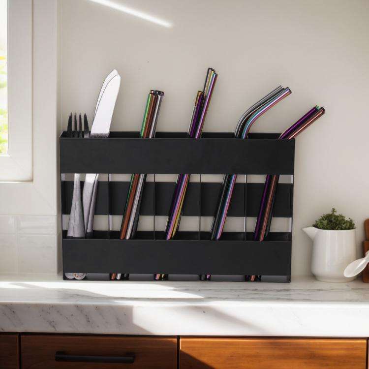 Five-grid Straw Cutlery Metal Storage Rack Kitchen Organizer without Soft Magnetic Sheet(Black)