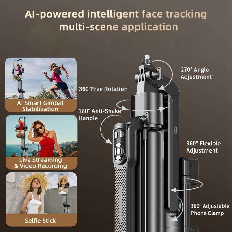 FUNSNAP A8 AI Smart Face Tracking Selfie Stick 5-axis Anti-shake Stand(Black)