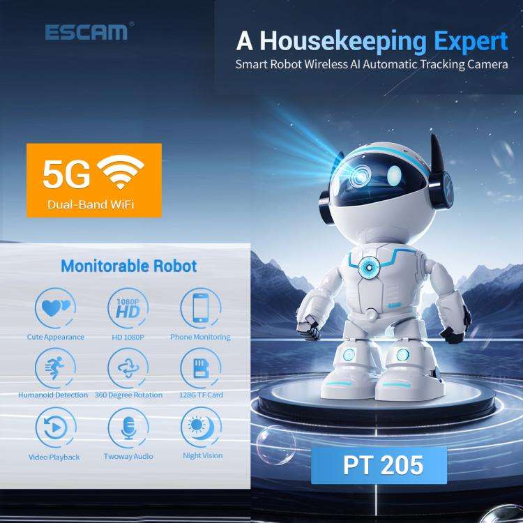 ESCAM PT205 5G WiFi Smart Robot Wireless AI Automatic Tracking Camera, Two Way Audio / Night Ners...