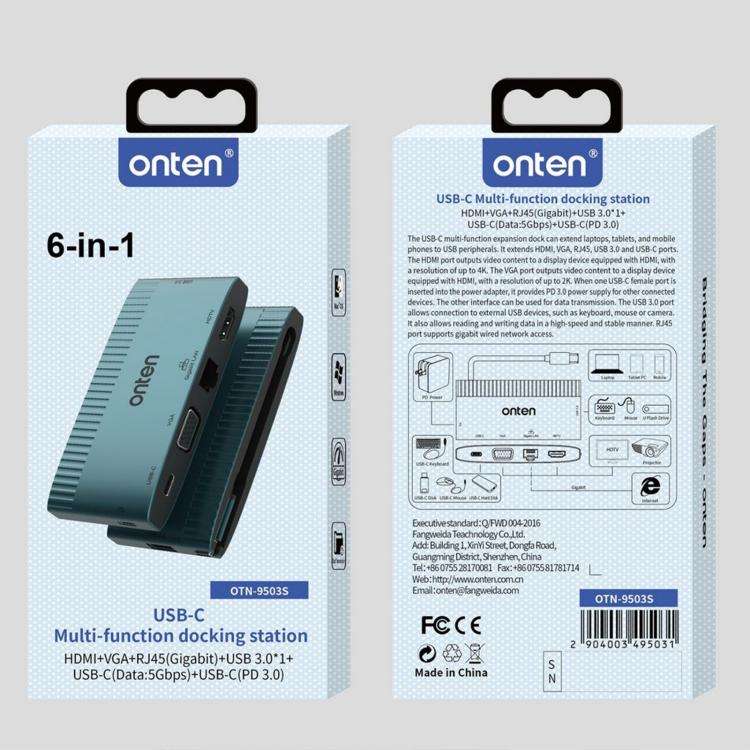 Onten 6 in 1 USB-C Multi-function Docking Station, HDTV+VGA+RJ45 Gigabit +USB-C Data +USB-C PD 3....