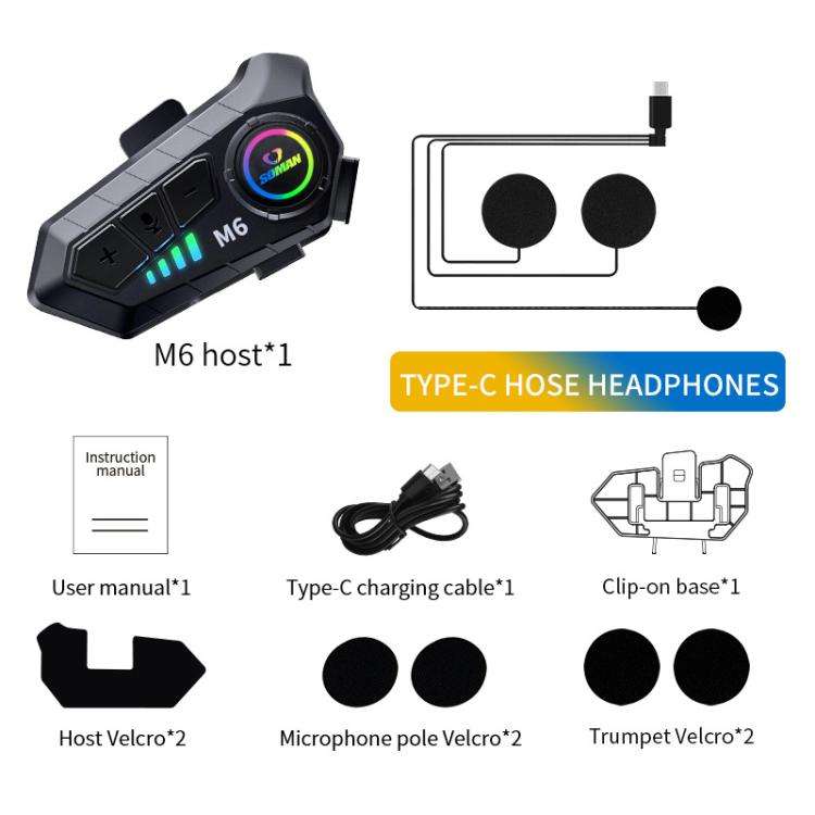 SOMAN Motorcycle Helmet Bluetooth Headset Stereo Voice Microphone, Style:M6-Soft Mic