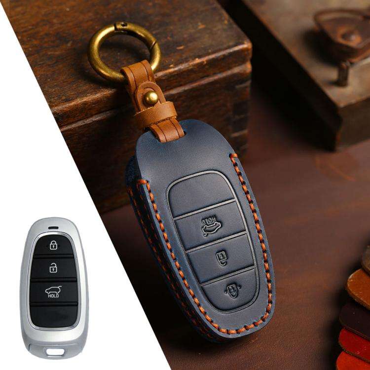 For Hyundai Staria / Sonata 3-button B121 Crazy Horse Cowhide Car Key Protection Cover(Blue)