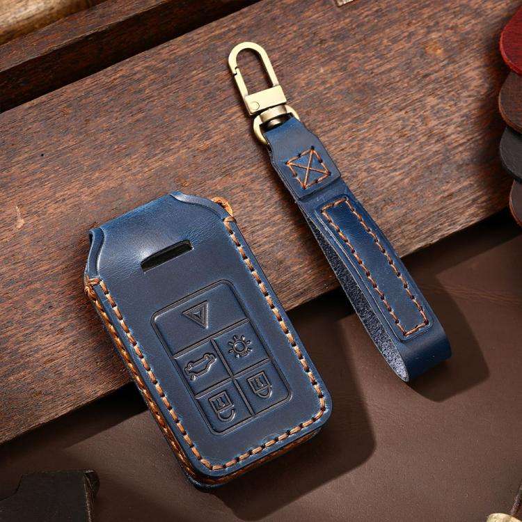 For Volvo XC60 / XC90 / S90 5-button C046 Crazy Horse Cowhide Car Key Protection Cover(Blue)