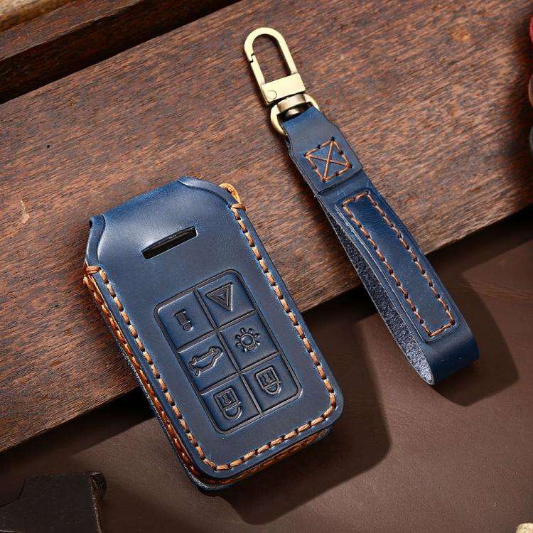For Volvo XC60 / XC90 / S90 6-button C047 Crazy Horse Cowhide Car Key Protection Cover(Blue)