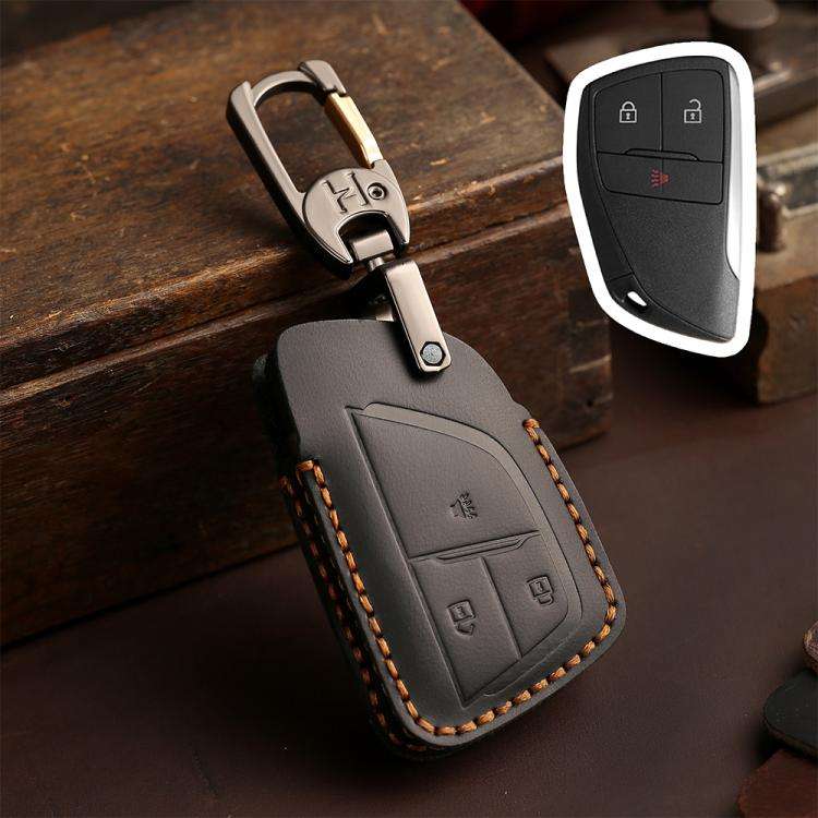 For Buick Envision Plus 2023 Hallmo Crazy Horse Cowhide Car Key Protection Cover(3-button Black)