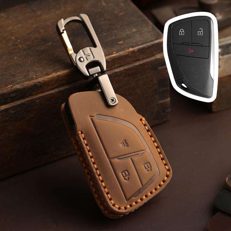 For Buick Envision Plus 2023 Hallmo Crazy Horse Cowhide Car Key Protection Cover(3-button Brown)