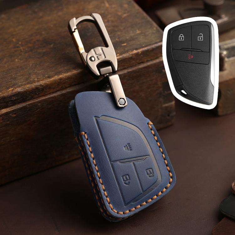 For Buick Envision Plus 2023 Hallmo Crazy Horse Cowhide Car Key Protection Cover(3-button Blue)