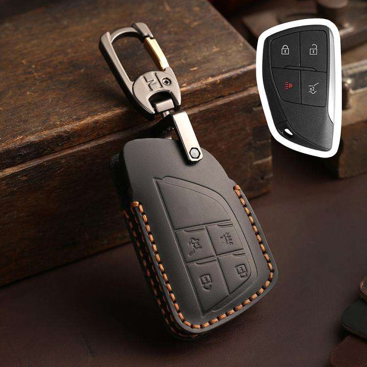 For Buick Envision Plus 2023 Hallmo Crazy Horse Cowhide Car Key Protection Cover(4-button Black)