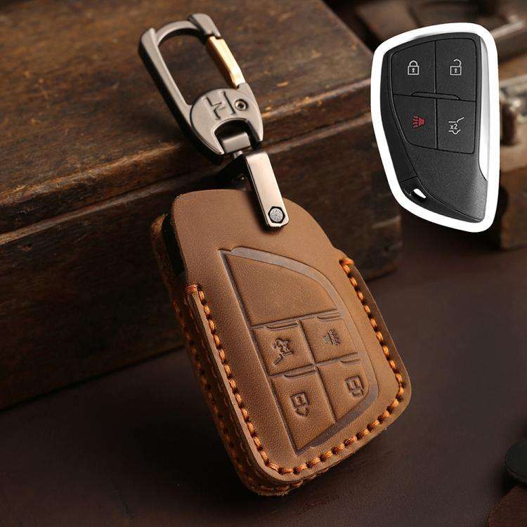 For Buick Envision Plus 2023 Hallmo Crazy Horse Cowhide Car Key Protection Cover(4-button Brown)