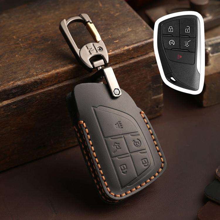 For Buick Envision Plus 2023 Hallmo Crazy Horse Cowhide Car Key Protection Cover(5-button Black)