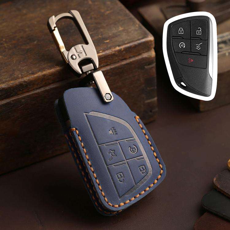 For Buick Envision Plus 2023 Hallmo Crazy Horse Cowhide Car Key Protection Cover(5-button Blue)