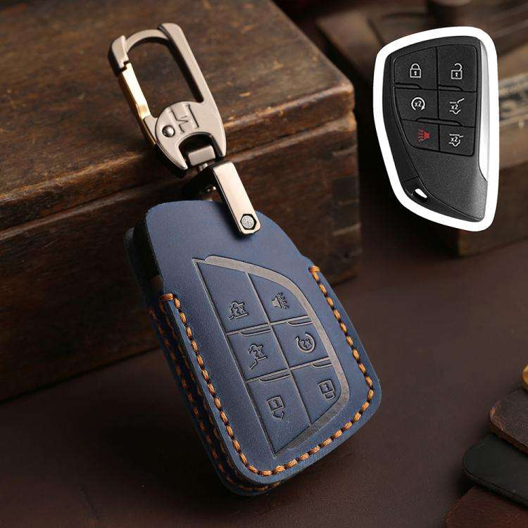 For Buick Envision Plus 2023 Hallmo Crazy Horse Cowhide Car Key Protection Cover(6-button Blue)