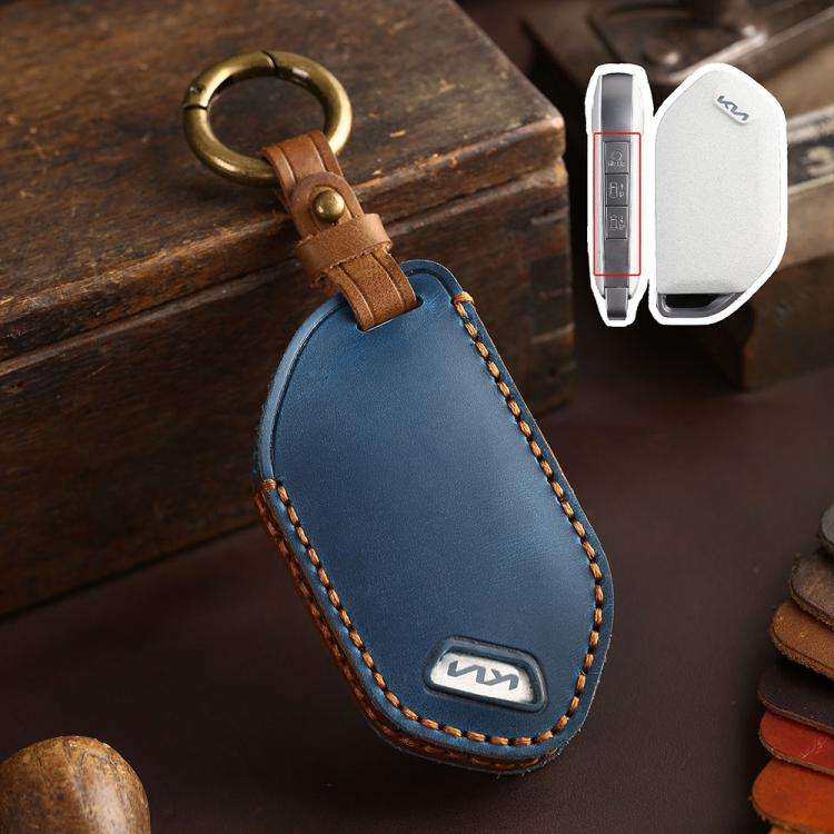 For Kia K3 / K5 2024 Hallmo Crazy Horse Cowhide Car Key Protection Cover(7-button Blue)