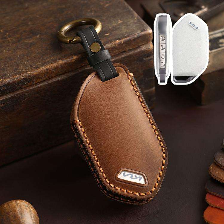 For Kia K3 / K5 2024 Hallmo Crazy Horse Cowhide Car Key Protection Cover(9-button Brown)