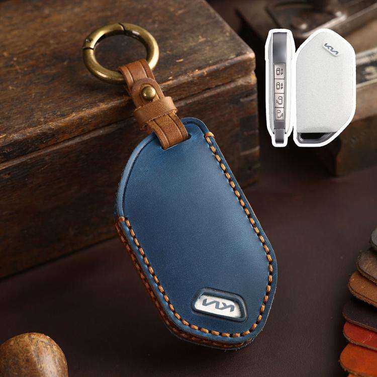 For Kia K3 / K5 2024 Hallmo Crazy Horse Cowhide Car Key Protection Cover(9-button Blue)