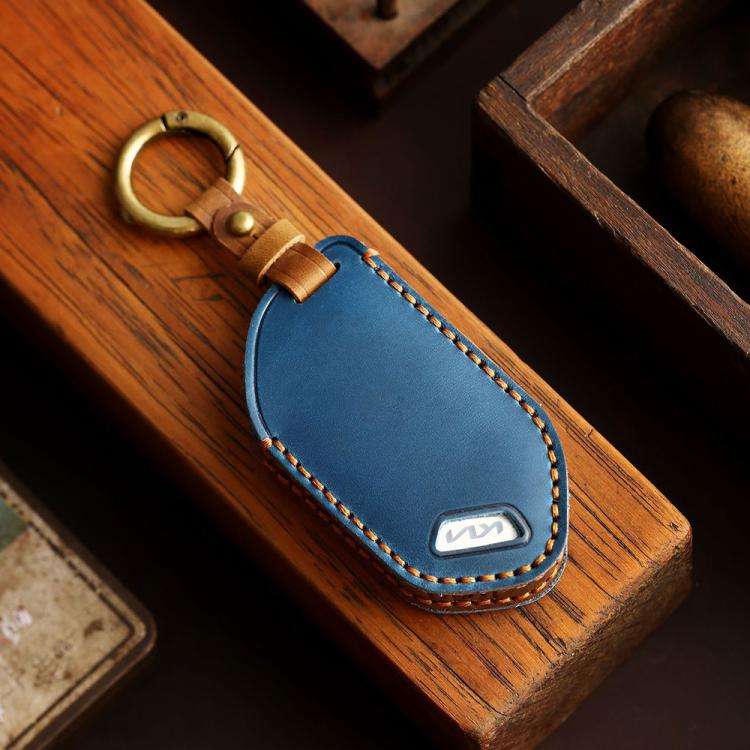 For Kia K3 / K5 2024 Hallmo Crazy Horse Cowhide Car Key Protection Cover(7-button Blue)