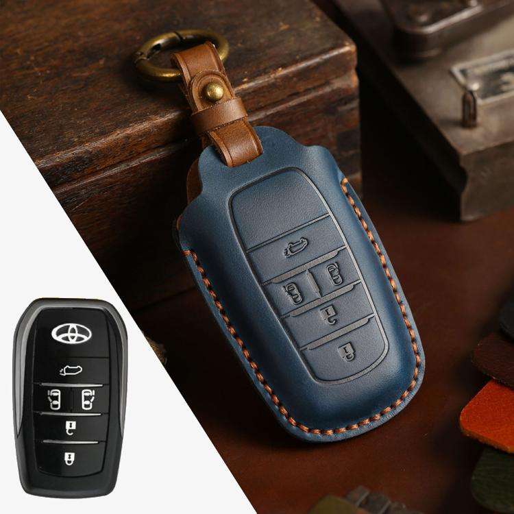 For Toyota Alphard Hallmo Crazy Horse Cowhide Car Key Protection Cover(5-button Blue)