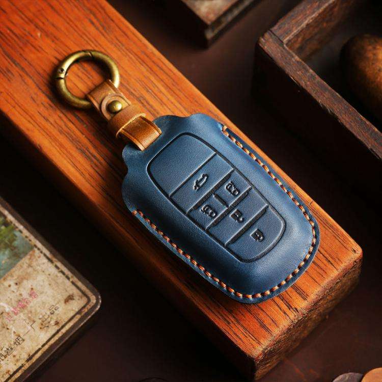 For Toyota Alphard Hallmo Crazy Horse Cowhide Car Key Protection Cover(5-button Blue)