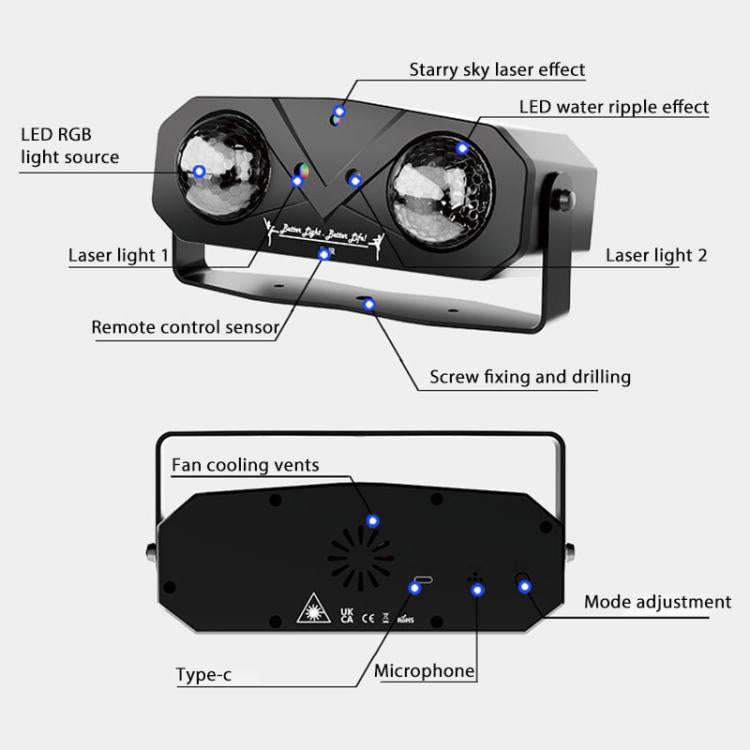 Double Magic Ball Laser Light LED Water Ripple RGB Rotating Stage Lamp, Style:US Plug(Black)