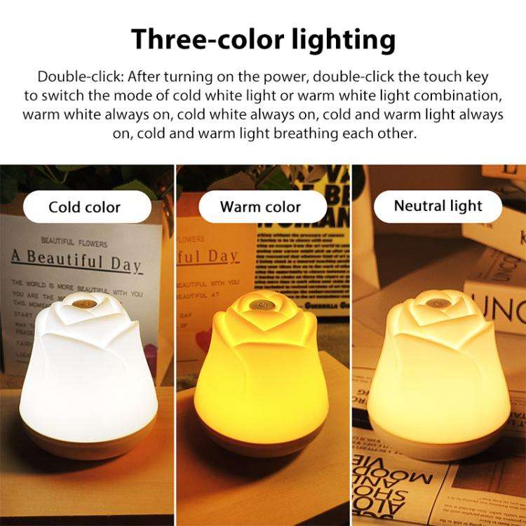 3W Rose Night Light Bedside Touch Sensor Ambient Lighting, Style:Rechargeable(White)